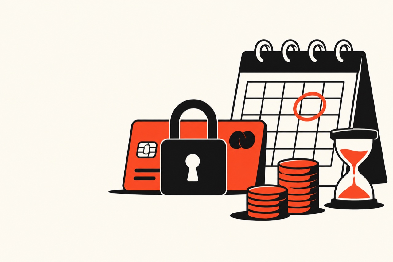 Bold flat illustration of a bank card locked behind a padlock beside a countdown calendar and a stack of coins