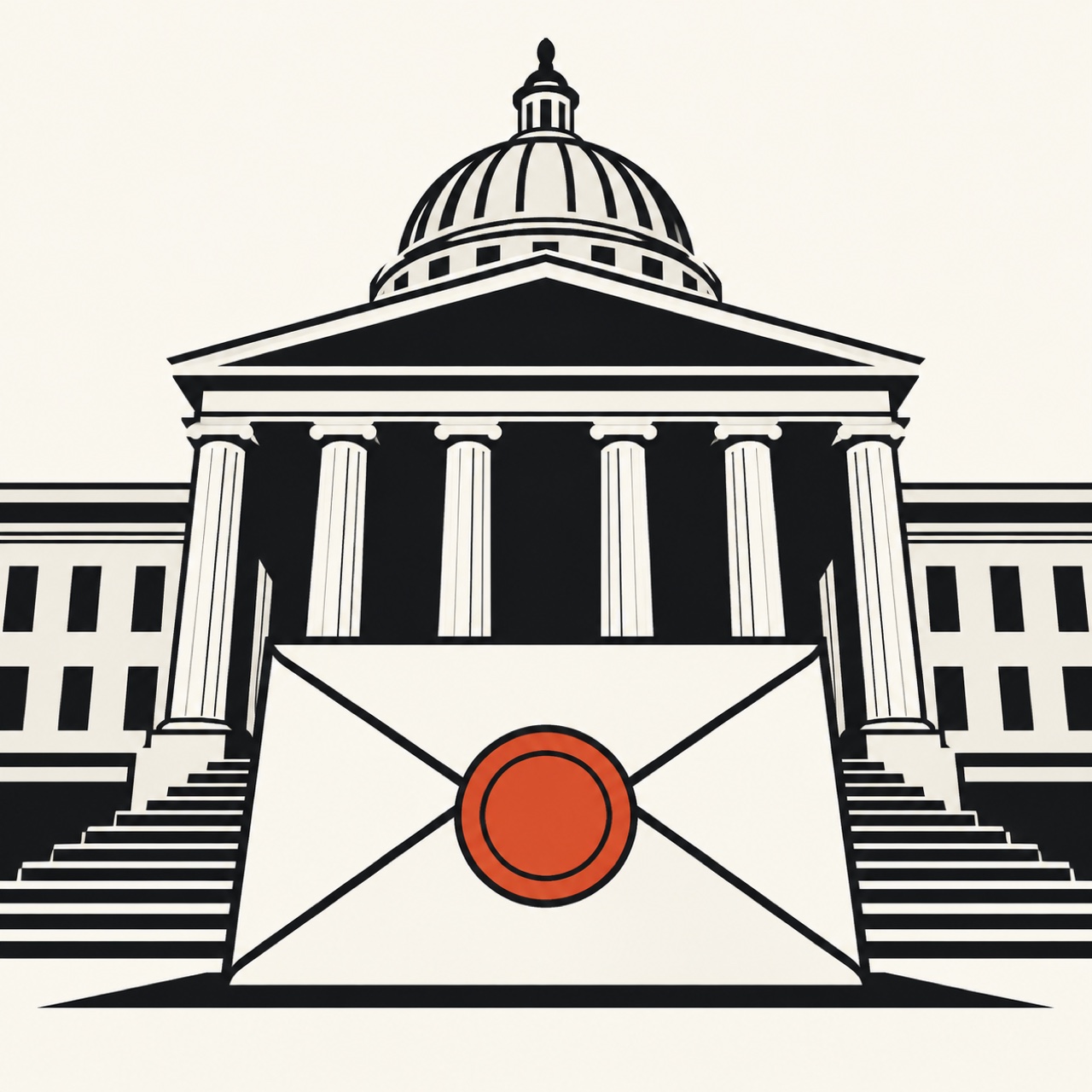 Bold flat illustration of a government building with columns behind a complaint envelope stamped with an orange seal