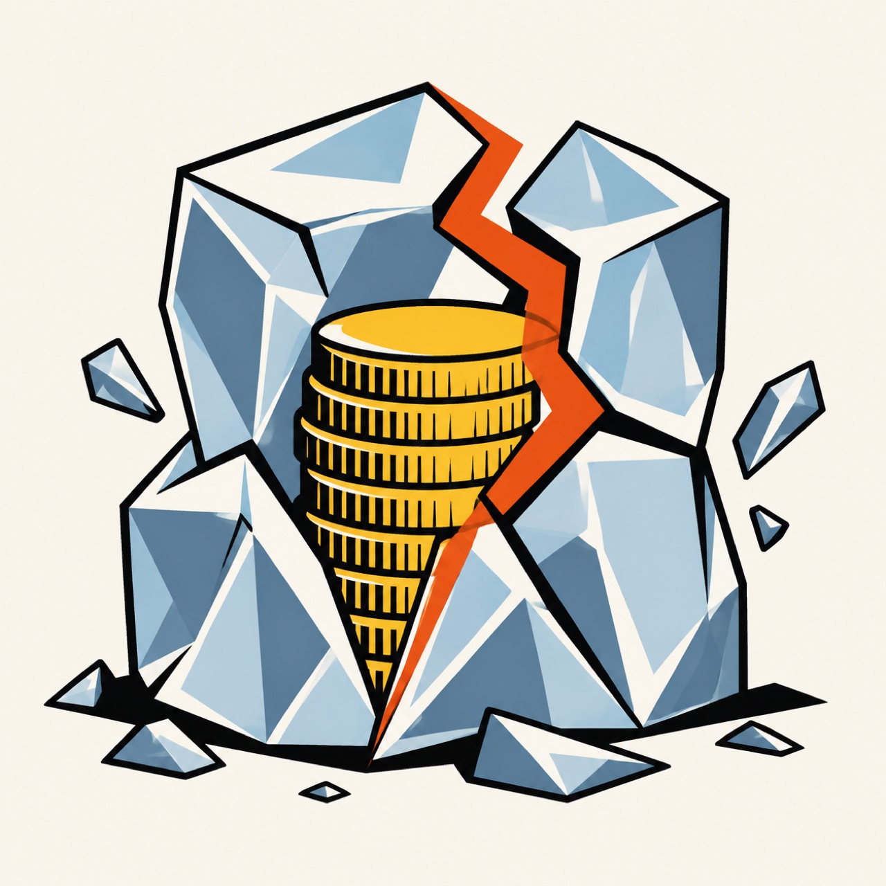 Bold flat illustration of frozen coins inside a block of ice with a single orange crack breaking through