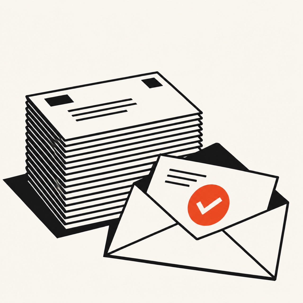 Bold flat illustration of a stack of formal letters with an envelope sealed by an orange check mark