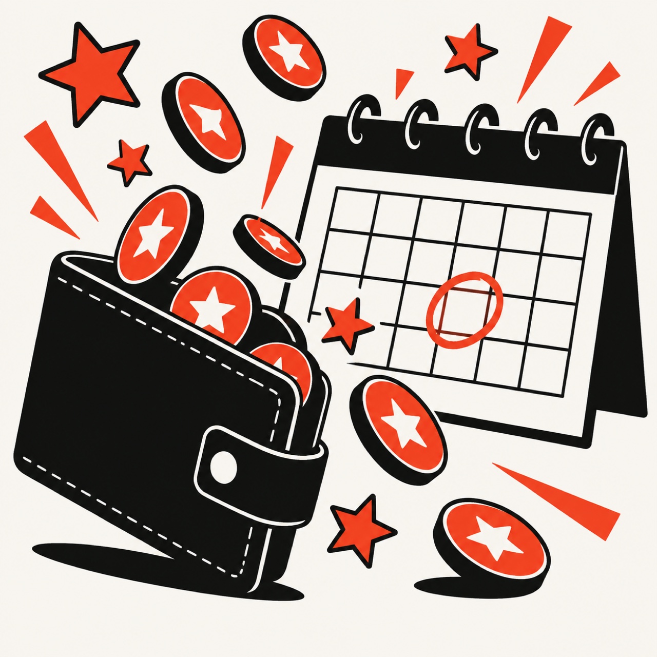 Bold flat illustration of reward stars and coins spilling from a wallet beside a calendar with one circled date